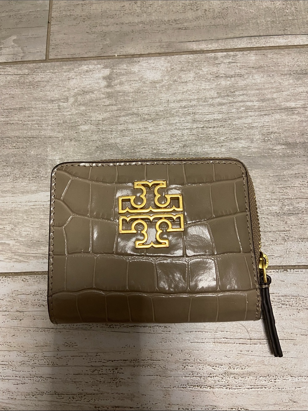 Tory Burch Croc-Embossed Small Zip Wallet in Taupe